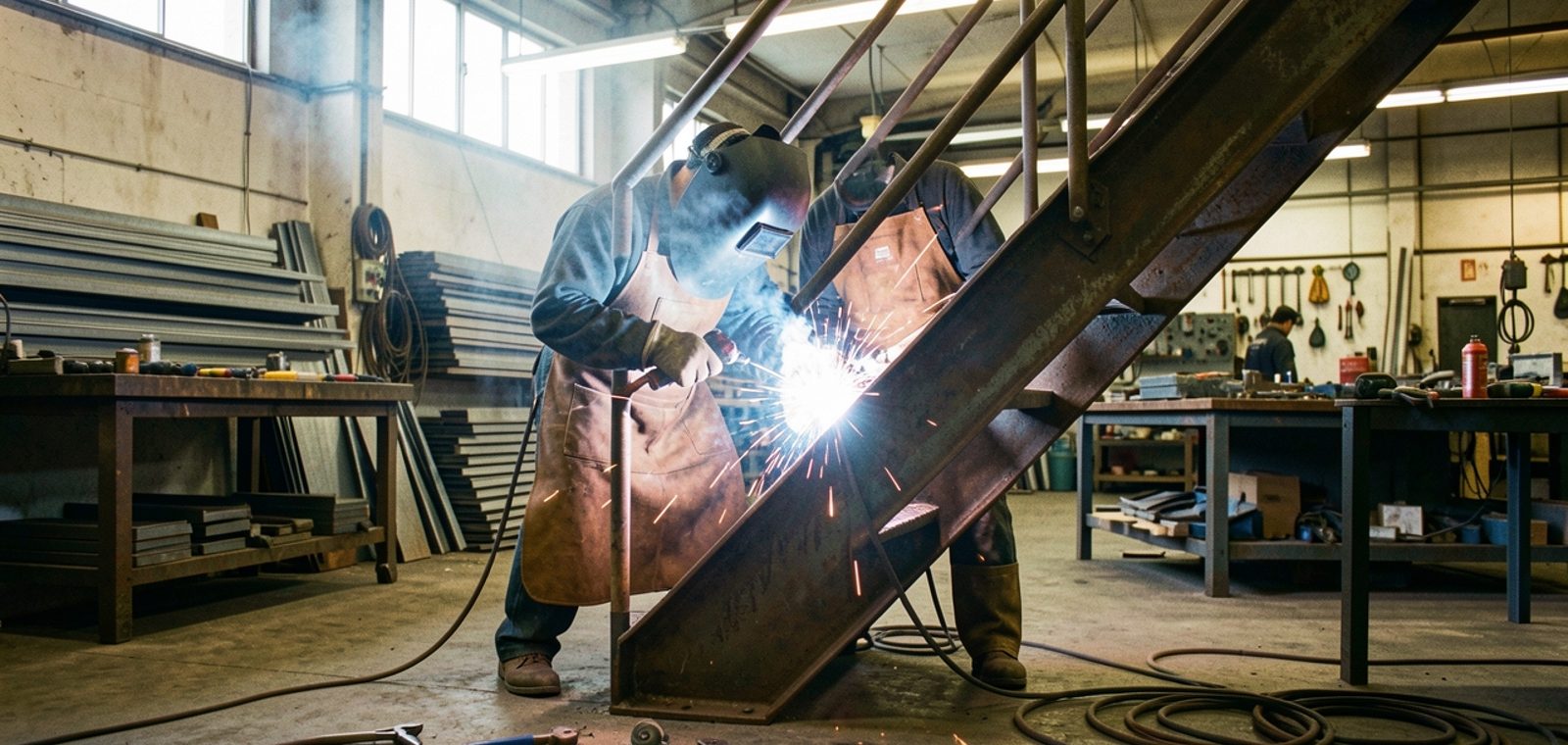 Steel stair assembly being fitted up in a fabrication shop — A&K Machine & Fabrication, Jacksonville FL