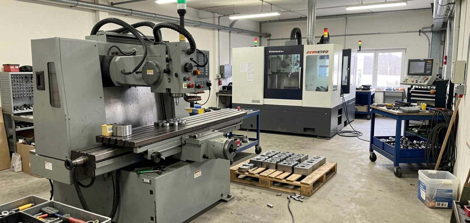 Wide-angle view of A&K's machining and fabrication shop with CNC mill, lathe, and brake press at dawn — A&K Machine & Fabrication, Jacksonville FL