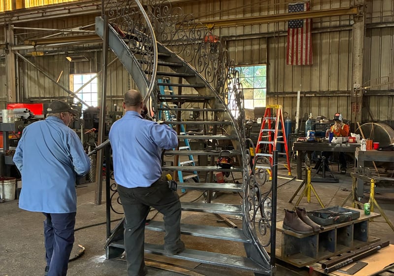Curved spiral staircase side view showing geometry — A&K Machine & Fabrication, Jacksonville FL