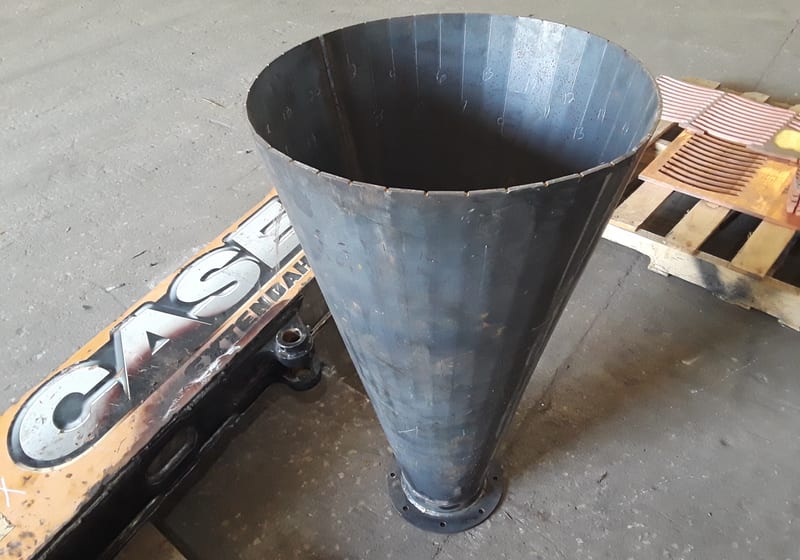 Large stainless steel funnel/hopper on CASE forklift — A&K Machine & Fabrication, Jacksonville FL