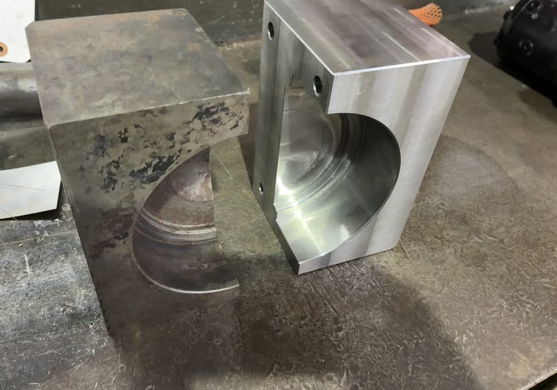 Large machined steel block with deep half-round bore cutout - heavy mill work — A&K Machine & Fabrication, Jacksonville FL