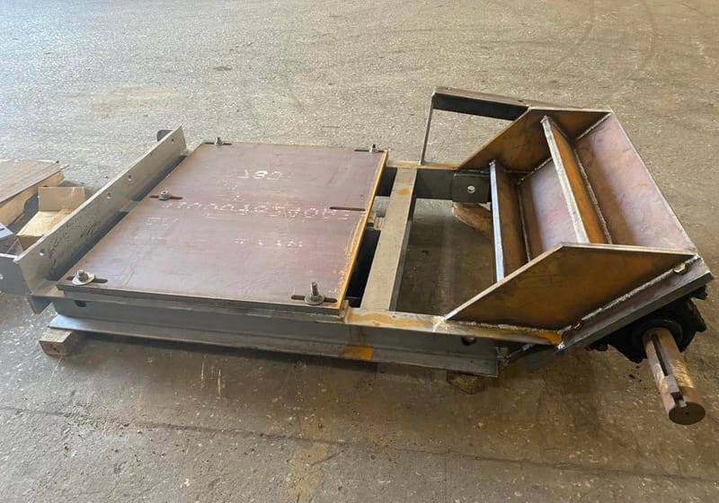 Heavy steel fabricated saw frame cart with flat plate deck and caster wheels at A&K